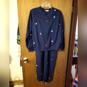 Womens Small Navy Jogger Set with Embroidered Hearts